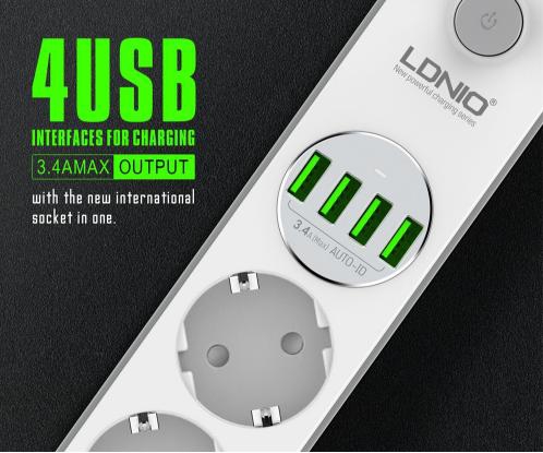 Ldnio SE4432 AutoID 4 Port USB Girişli 4’lü Akım Korumalı Priz